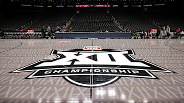 Mar 11, 2025; Kansas City, MO, USA; Big 12 logo center court prior to the game between the Cincinnati Bearcats and the Oklahoma State Cowboys at T-Mobile Center. Mandatory Credit: William Purnell-Imagn Images