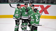 Oct 28, 2025; Dallas, Texas, USA; Dallas Stars defenseman Miro Heiskanen (4) and center Tyler Seguin (91) and right wing Mikko Rantanen (96) and center Wyatt Johnston (53) and left wing Jason Robertson (21) celebrates a power play goal scored by Seguin against the Washington Capitals during the second period at the American Airlines Center. Mandatory Credit: Jerome Miron-Imagn Images
