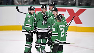 Oct 28, 2025; Dallas, Texas, USA; Dallas Stars defenseman Miro Heiskanen (4) and center Tyler Seguin (91) and right wing Mikko Rantanen (96) and center Wyatt Johnston (53) and left wing Jason Robertson (21) celebrates a power play goal scored by Seguin against the Washington Capitals during the second period at the American Airlines Center. Mandatory Credit: Jerome Miron-Imagn Images