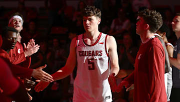 Oct 25, 2025; Pullman, WA, USA; Washington State Cougars guard Tomas Thrastarson (5) is introduced before a game against the New Mexico Lobos at Friel Court at Beasley Coliseum. Mandatory Credit: James Snook-Imagn Images