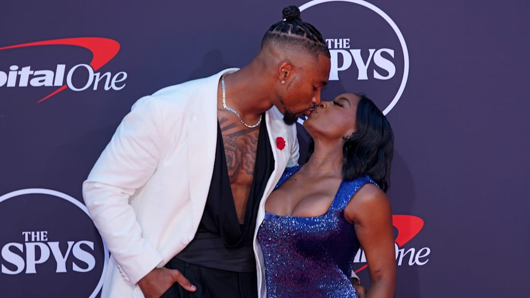 Simone Biles and Jonathan Owens on the red carpet before the ESPYS at The Dolby Theatre. 