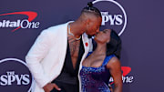 Simone Biles and Jonathan Owens on the red carpet before the ESPYS at The Dolby Theatre. 