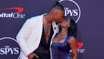 Simone Biles and Jonathan Owens on the red carpet before the ESPYS at The Dolby Theatre. 