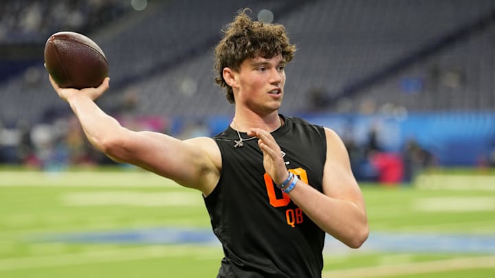 Feb 28, 2026; Indianapolis, IN, USA; Penn State quarterback Drew Allar (QB02) during the NFL Scouting Combine at Lucas Oil Stadium. Mandatory Credit: Kirby Lee-Imagn Images