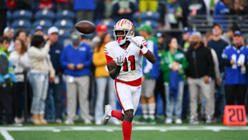 Oct 10, 2024; Seattle, Washington, USA; San Francisco 49ers wide receiver Brandon Aiyuk (11) catches the ball during warmups before the game against the Seattle Seahawks at Lumen Field. Mandatory Credit: Steven Bisig-Imagn Images