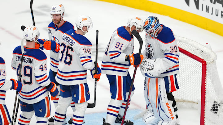 May 6, 2025; Las Vegas, Nevada, USA; Edmonton Oilers players celebrate after defeating the Vegas Golden Knights 4-2 in game one of the second round of the 2025 Stanley Cup Playoffs at T-Mobile Arena. Mandatory Credit: Stephen R. Sylvanie-Imagn Images
