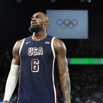 Aug 10, 2024; Paris, France; United States guard LeBron James (6) celebrates after defeating France in the men's basketball gold medal game during the Paris 2024 Olympic Summer Games at Accor Arena. Mandatory Credit: Rob Schumacher-USA TODAY Sports