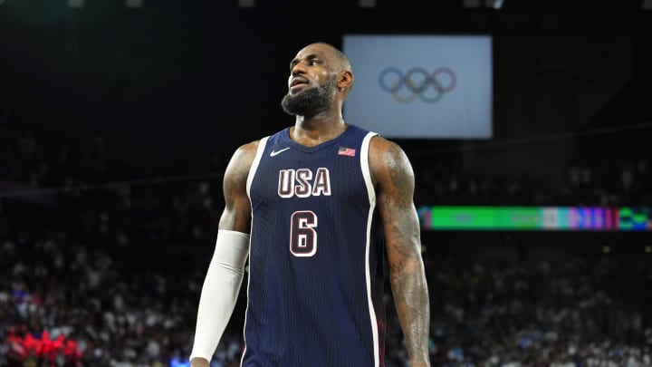 Aug 10, 2024; Paris, France; United States guard LeBron James (6) celebrates after defeating France in the men's basketball gold medal game during the Paris 2024 Olympic Summer Games at Accor Arena. Mandatory Credit: Rob Schumacher-USA TODAY Sports