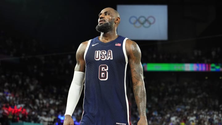 Aug 10, 2024; Paris, France; United States forward LeBron James (6) celebrates after defeating France in the men's basketball gold medal game during the Paris 2024 Olympic Summer Games at Accor Arena. Mandatory Credit: Rob Schumacher-USA TODAY Sports