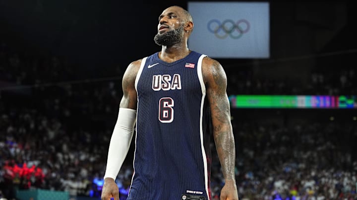 Aug 10, 2024; Paris, France; United States guard LeBron James (6) celebrates after defeating France in the men's basketball gold medal game during the Paris 2024 Olympic Summer Games at Accor Arena. Mandatory Credit: Rob Schumacher-Imagn Images