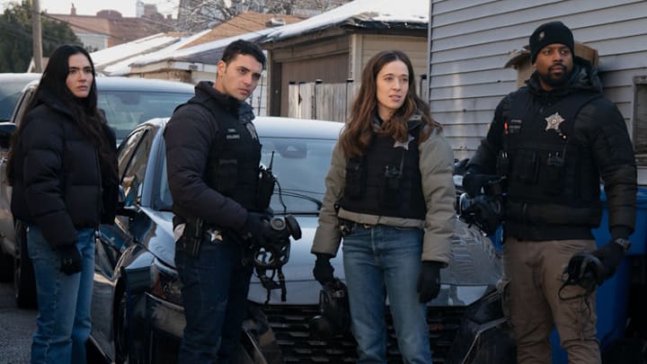 CHICAGO P.D. -- "Reckoning, Part 3" Episode 1317 -- Pictured: (l-r) Arienne Mandi as Eva Imani, Benjamin Levy Aguilar as Dante Torres, Marina Squerciati as Officer Kim Burgess, LaRoyce Hawkins as Officer Kevin Atwater 