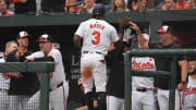 May 27, 2024; Baltimore, Maryland, USA; Baltimore Orioles second baseman Jorge Mateo (center) greeted by manager Brandon Hyde (right) after scoring in the third inning against the Boston Red Sox at Oriole Park at Camden Yards.
