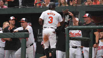 May 27, 2024; Baltimore, Maryland, USA; Baltimore Orioles second baseman Jorge Mateo (center) greeted by manager Brandon Hyde (right) after scoring in the third inning against the Boston Red Sox at Oriole Park at Camden Yards.