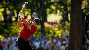 Apr 14, 2024; Augusta, Georgia, USA; Tiger Woods plays his second shot on No. 2 during the final round of the Masters Tournament. Mandatory Credit: Adam Cairns-USA TODAY Network