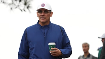 Apr 11, 2024; Augusta, Georgia, USA; Former NFL coach Ron Rivera looks on during the first round of the Masters Tournament. 