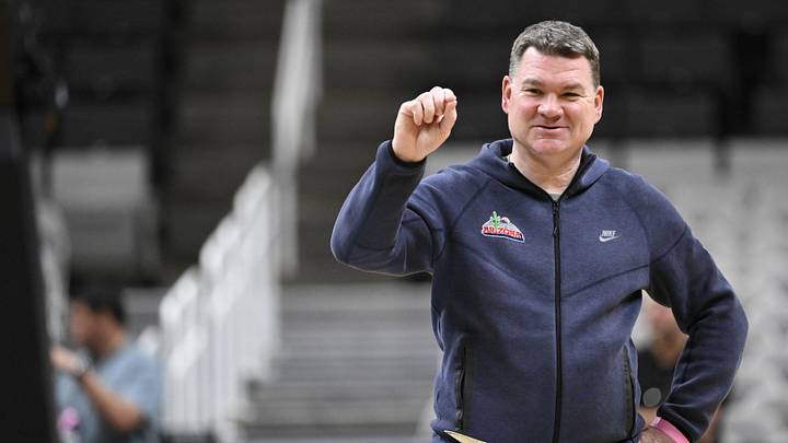 Mar 25, 2026; San Jose, CA, USA; Arizona Wildcats head coach Tommy Lloyd talks during a practice session ahead of the west regional of the men's 2026 NCAA Tournament at SAP Center. Mandatory Credit: Eakin Howard-Imagn Images