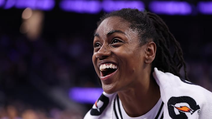 Golden State Valkyries guard Tiffany Hayes (15) gives a post-game interview after the game against the Connecticut Sun at Chase Center. Golden State Valkyries guard Tiffany Hayes (15) gives a post-game interview after the game against the Connecticut Sun at Chase Center.