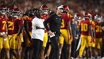 Sep 7, 2024; Los Angeles, California, USA; USC Trojans head coach Lincoln Riley reacts against the Utah State Aggies during the first quarter at United Airlines Field at Los Angeles Memorial Coliseum. 