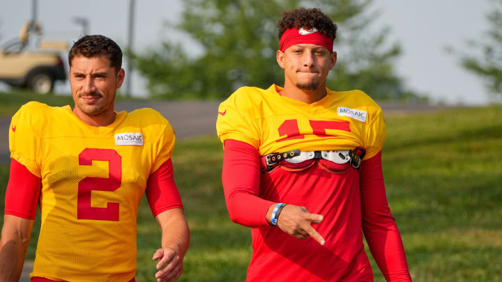 Jul 26, 2024; Kansas City, MO, USA; Kansas City Chiefs quarterback Ian Book (2) and quarterback Patrick Mahomes (15) walk down the hill from the locker room to the fields prior to training camp at Missouri Western State University. Mandatory Credit: Denny Medley-USA TODAY Sports