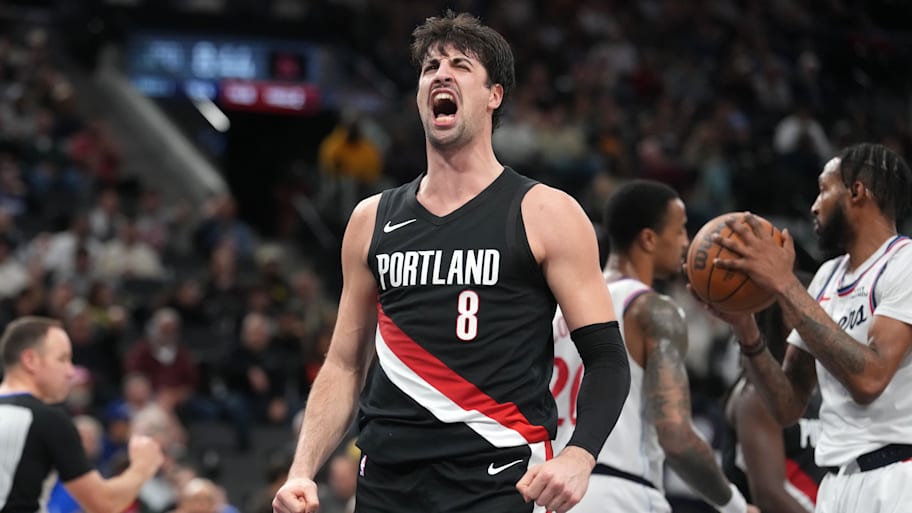 Portland Trail Blazers forward Deni Avdija celebrates against the LA Clippers.