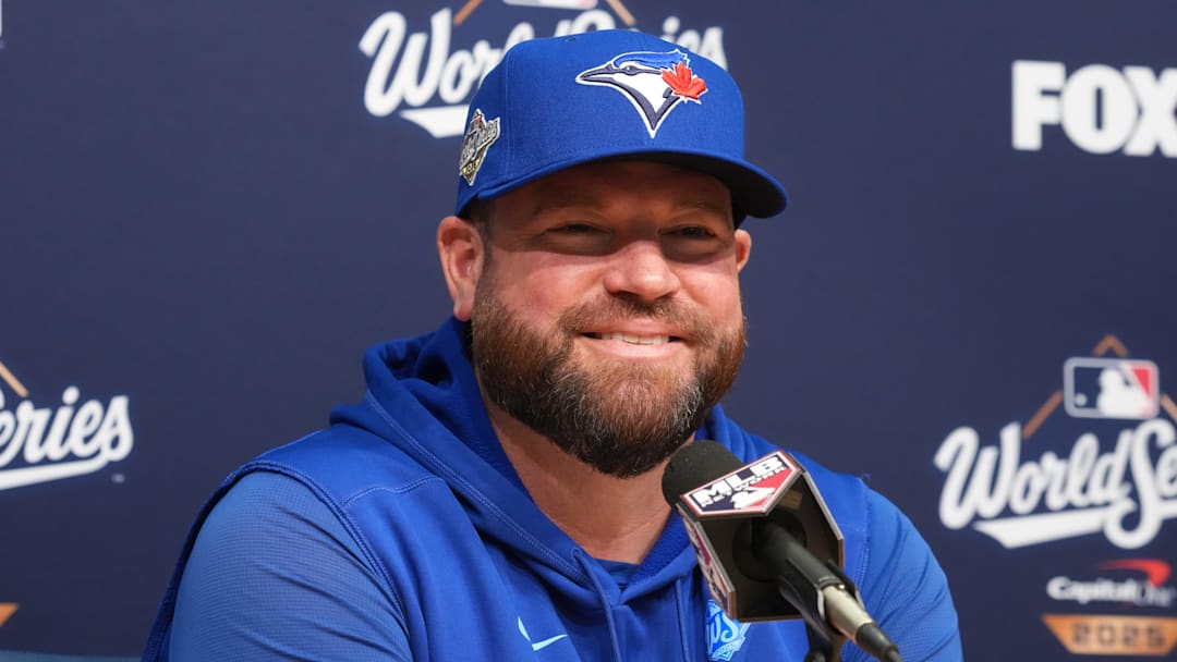 Oct 29, 2025; Los Angeles, California, USA;Toronto Blue Jays manager John Schneider at press conference during game five of the 2025 MLB World Series at Dodger Stadium 