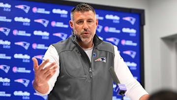 May 9, 2025; Foxborough, MA, USA;  New England Patriots head coach Mike Vrabel speaks the to media during a press conference at Gillette Stadium. Mandatory Credit: Eric Canha-Imagn Images
