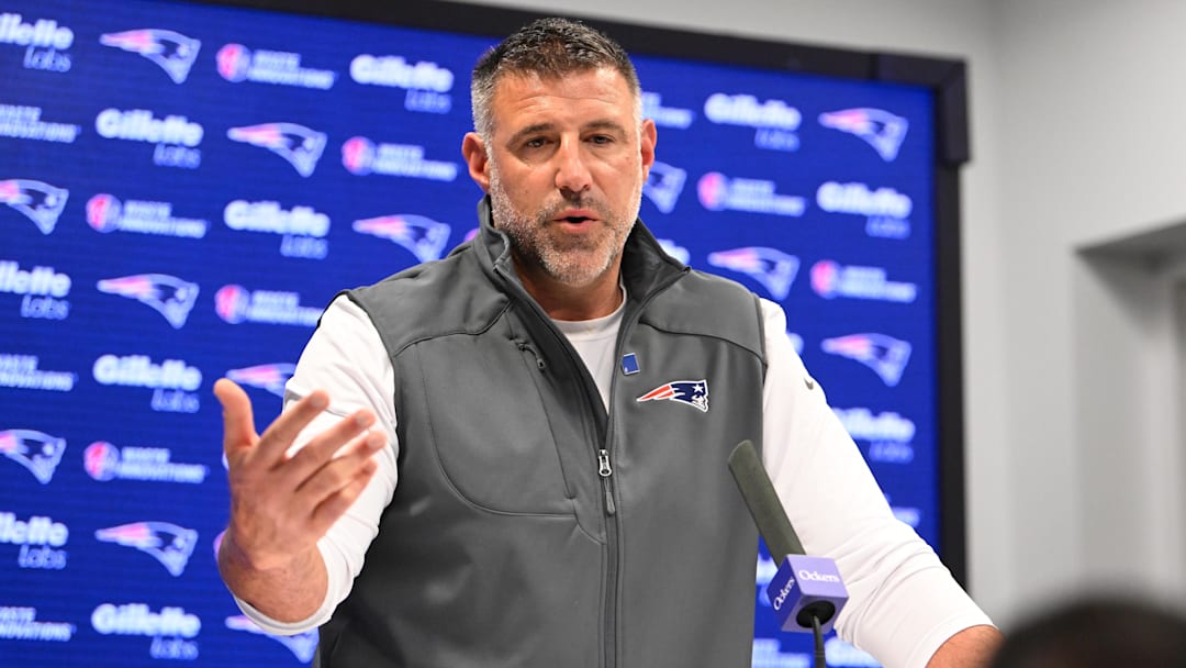 May 9, 2025; Foxborough, MA, USA;  New England Patriots head coach Mike Vrabel speaks the to media during a press conference at Gillette Stadium. Mandatory Credit: Eric Canha-Imagn Images
