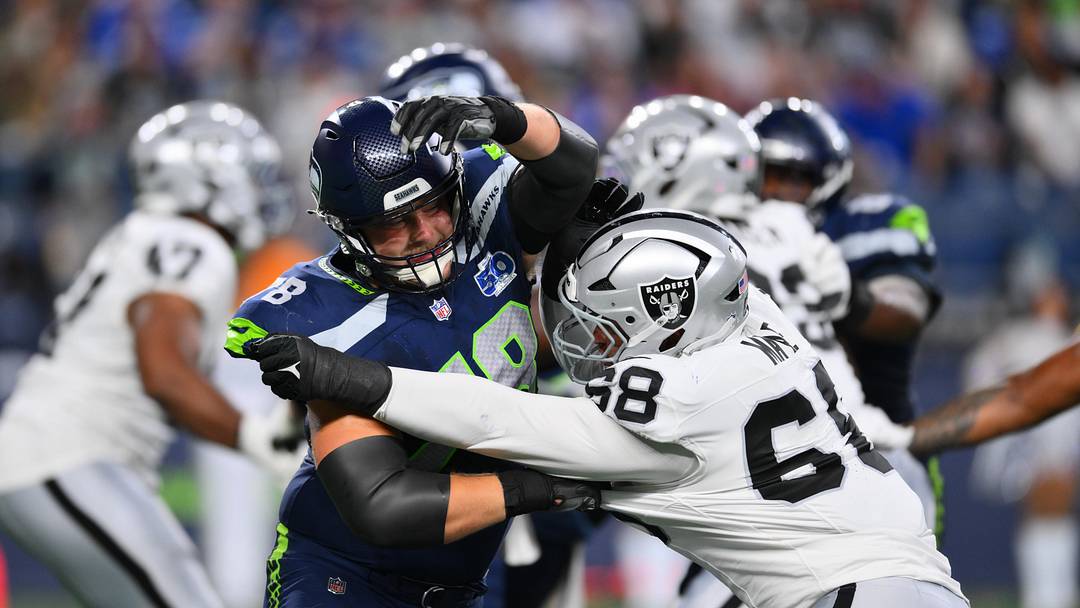 Aug 7, 2025; Seattle, Washington, USA; Seattle Seahawks guard Mason Richman (78) blocks Las Vegas Raiders defensive tackle Treven Ma'ae (68) during the second half at Lumen Field. Mandatory Credit: Steven Bisig-Imagn Images