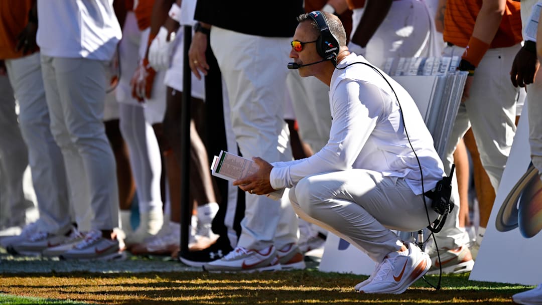 Oct 11, 2025; Dallas, Texas, USA; Texas Longhorns head coach Steve Sarkisian looks on during the first half against the Oklahoma Sooners at the Cotton Bowl.