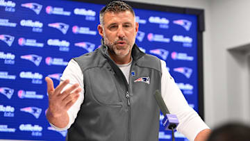 May 9, 2025; Foxborough, MA, USA;  New England Patriots head coach Mike Vrabel speaks the to media during a press conference at Gillette Stadium. Mandatory Credit: Eric Canha-Imagn Images