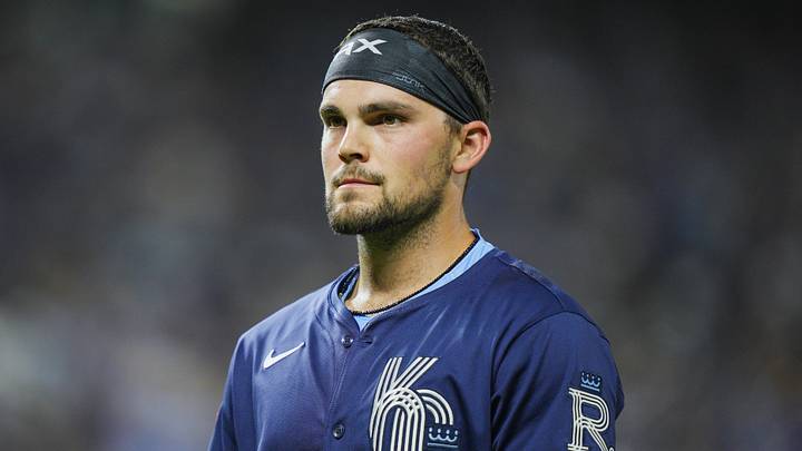 Sep 19, 2025; Kansas City, Missouri, USA; Kansas City Royals second baseman Michael Massey (19) reacts during the fourth inning against the Toronto Blue Jays at Kauffman Stadium. Mandatory Credit: Jay Biggerstaff-Imagn Images