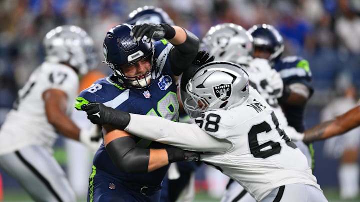 Aug 7, 2025; Seattle, Washington, USA; Seattle Seahawks guard Mason Richman (78) blocks Las Vegas Raiders defensive tackle Treven Ma'ae (68) during the second half at Lumen Field. Mandatory Credit: Steven Bisig-Imagn Images