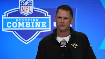 Feb 27, 2024; Indianapolis, IN, USA; Jacksonville Jaguars general manager Trent Baalke speaks at a press conference at the NFL Scouting Combine at Indiana Convention Center. Mandatory Credit: Kirby Lee-Imagn Images