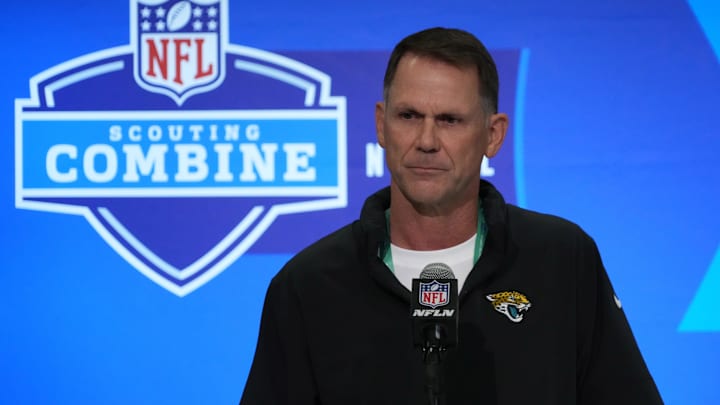 Feb 27, 2024; Indianapolis, IN, USA; Jacksonville Jaguars general manager Trent Baalke speaks at a press conference at the NFL Scouting Combine at Indiana Convention Center. Mandatory Credit: Kirby Lee-Imagn Images