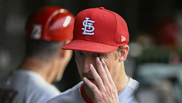 Jul 6, 2025; Chicago, Illinois, USA;  St. Louis Cardinals pitcher Erick Fedde (12) in the dugout after being relieved  during the third inning against the Chicago Cubs at Wrigley Field. Mandatory Credit: Matt Marton-Imagn Images
