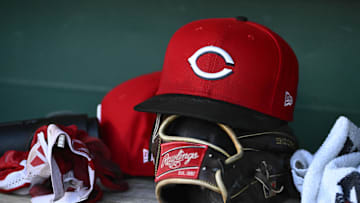 Jul 22, 2025; Washington, District of Columbia, USA; General view of Cincinnati Reds hat during the game against the Washington Nationals at Nationals Park. Mandatory Credit: Brad Mills-Imagn Images
