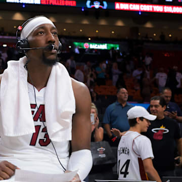 Oct 28, 2025; Miami, Florida, USA; Miami Heat center Bam Adebayo (13) is interviewed after the game against the Charlotte Hornets at Kaseya Center. Mandatory Credit: Sam Navarro-Imagn Images