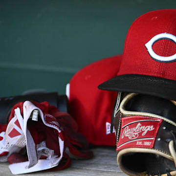 Jul 22, 2025; Washington, District of Columbia, USA; General view of Cincinnati Reds hat during the game against the Washington Nationals at Nationals Park. Mandatory Credit: Brad Mills-Imagn Images