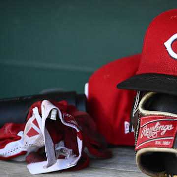 Jul 22, 2025; Washington, District of Columbia, USA; General view of Cincinnati Reds hat during the game against the Washington Nationals at Nationals Park. Mandatory Credit: Brad Mills-Imagn Images