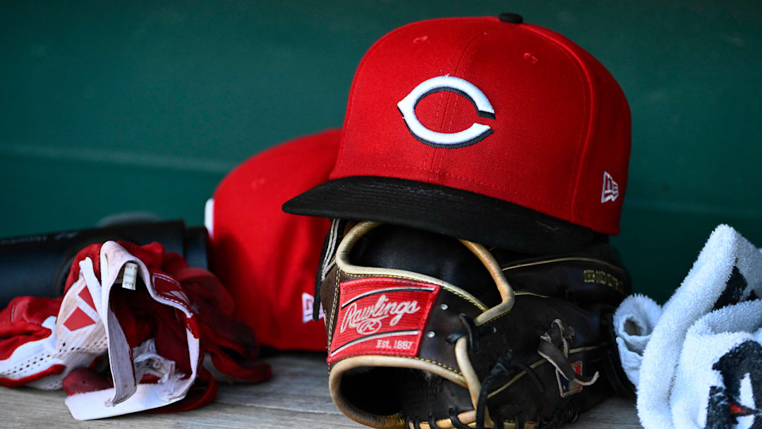 Jul 22, 2025; Washington, District of Columbia, USA; General view of Cincinnati Reds hat during the game against the Washington Nationals at Nationals Park.