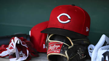 Jul 22, 2025; Washington, District of Columbia, USA; General view of Cincinnati Reds hat during the game against the Washington Nationals at Nationals Park. Mandatory Credit: Brad Mills-Imagn Images