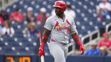 Mar 4, 2025; West Palm Beach, Florida, USA; St. Louis Cardinals outfielder Jordan Walker (18) looks on after being struck out against the Washington Nationals during the first inning at CACTI Park of the Palm Beaches. Mandatory Credit: Rich Storry-Imagn Images