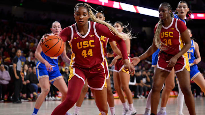 Feb 13, 2025; Los Angeles, California, USA; USC Trojans forward Kiki Iriafen (44) controls the ball during an NCAA basketball game against the UCLA Bruins at Galen Center. Mandatory Credit: Robert Hanashiro-Imagn Images Feb 13, 2025; Los Angeles, California, USA; USC Trojans forward Kiki Iriafen (44) controls the ball during an NCAA basketball game against the UCLA Bruins at Galen Center. Mandatory Credit: Robert Hanashiro-Imagn Images