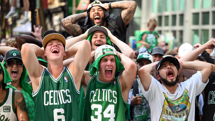 Jun 21, 2024; Boston, MA, USA; Fans cheer along Causeway Street before the Boston Celtics 2024 NBA Championship parade in Boston. Mandatory Credit: Brian Fluharty-USA TODAY Sports