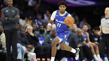 Oct 10, 2025; Philadelphia, Pennsylvania, USA; Orlando Magic guard Jase Richardson (11) dribbles the ball against the Philadelphia 76ers during the third quarter at Xfinity Mobile Arena. Mandatory Credit: Bill Streicher-Imagn Images