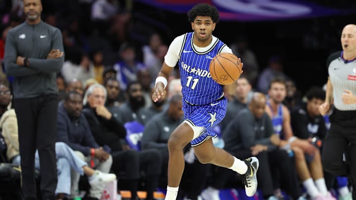 Oct 10, 2025; Philadelphia, Pennsylvania, USA; Orlando Magic guard Jase Richardson (11) dribbles the ball against the Philadelphia 76ers during the third quarter at Xfinity Mobile Arena. Mandatory Credit: Bill Streicher-Imagn Images