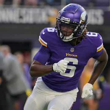 Aug 20, 2022; Minneapolis, Minnesota, USA; Minnesota Vikings safety Lewis Cine (6) warms up before the game against the San Francisco 49ers at U.S. Bank Stadium. Mandatory Credit: Jeffrey Becker-USA TODAY Sports