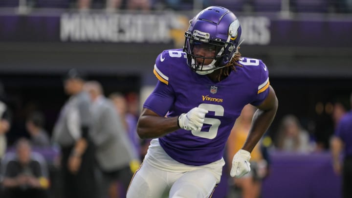 Aug 20, 2022; Minneapolis, Minnesota, USA; Minnesota Vikings safety Lewis Cine (6) warms up before the game against the San Francisco 49ers at U.S. Bank Stadium. Mandatory Credit: Jeffrey Becker-USA TODAY Sports