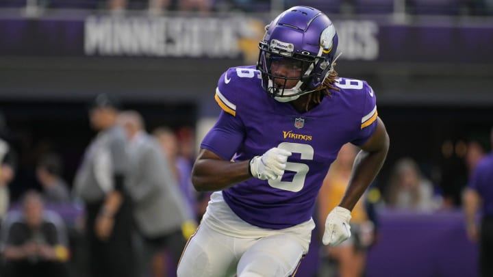 Aug 20, 2022; Minneapolis, Minnesota, USA; Minnesota Vikings safety Lewis Cine (6) warms up before the game against the San Francisco 49ers at U.S. Bank Stadium. Mandatory Credit: Jeffrey Becker-USA TODAY Sports