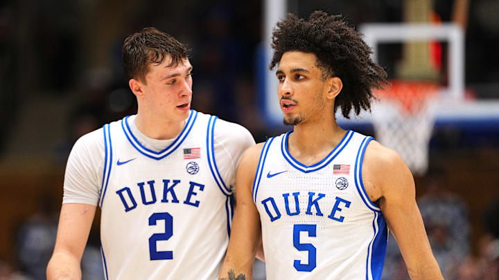 NC State v Duke; Duke basketball guard Tyrese Proctor and forward Cooper Flagg